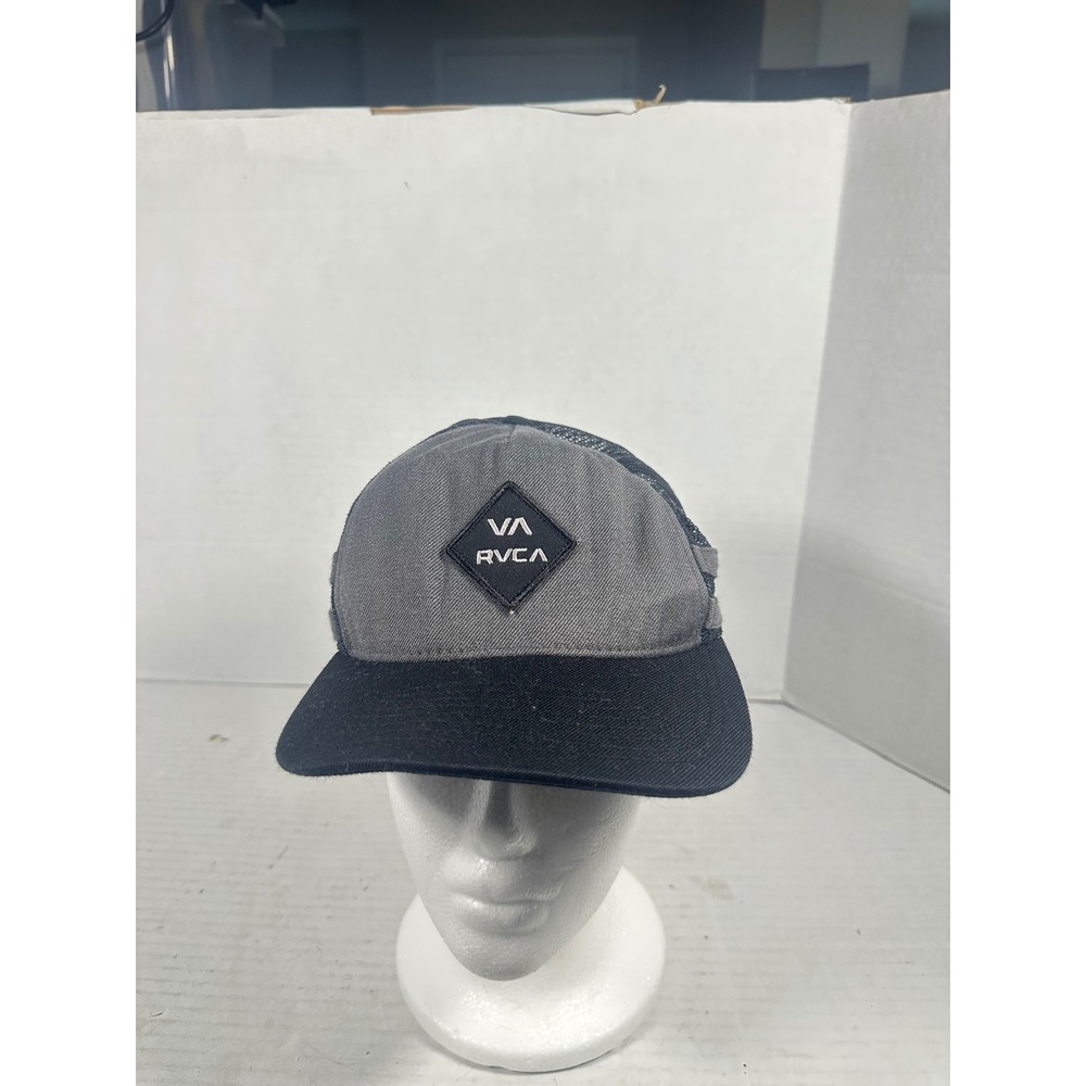 RVCA Mens Trucker Hat Grey Black Mesh Snapback Logo Patch Adjustable Cap